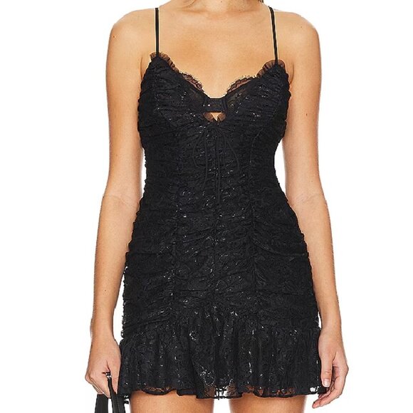 For Love And Lemons Dresses & Skirts - FOR LOVE & LEMONS BETTE BLACK SHIRRED LACE MINI DRESS SIZE S